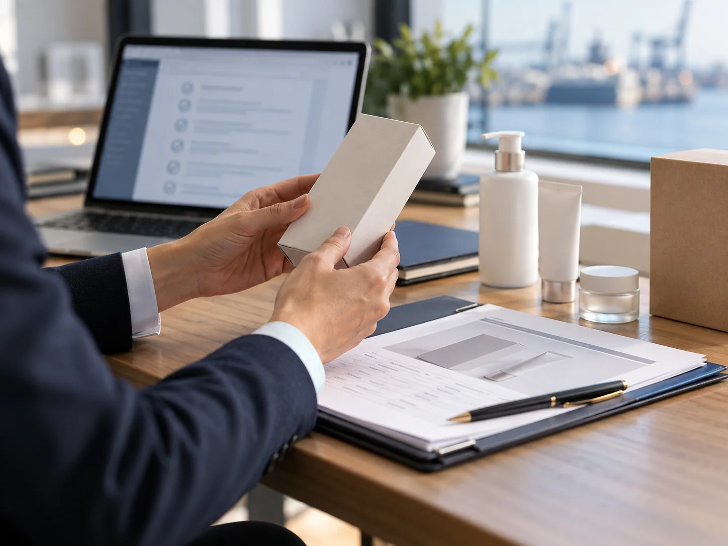 A compliance reviewer examines product packaging beside product records and a laptop